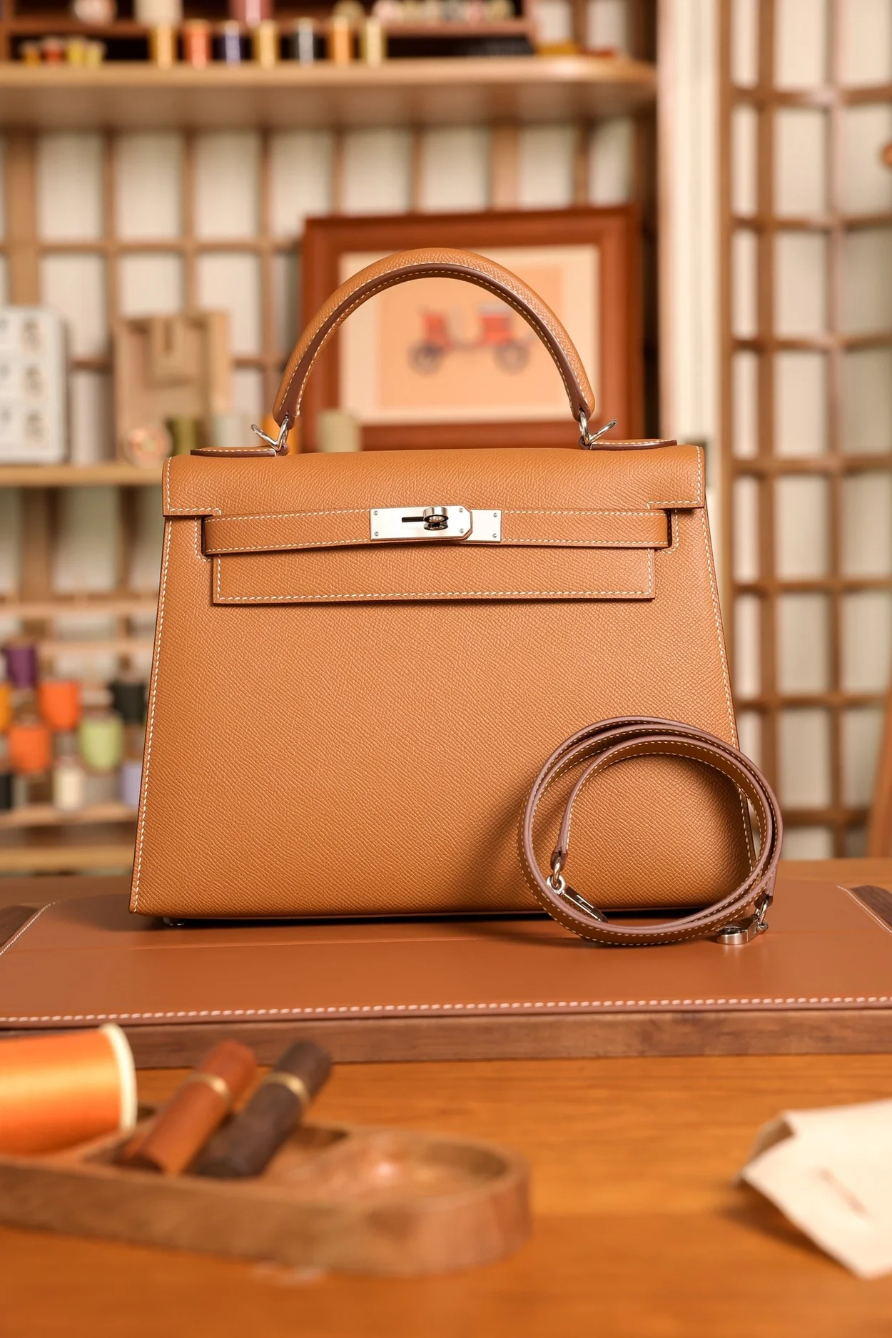 에르메스 켈리 25 셀리에 골드 브라운 실버 하드웨어 (100% HAND MADE)
