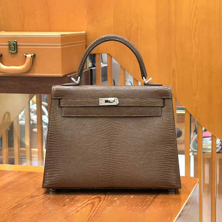 에르메스 켈리 25 셀리에 리자드 브라운 팔라듐 하드웨어 (100% HAND MADE)