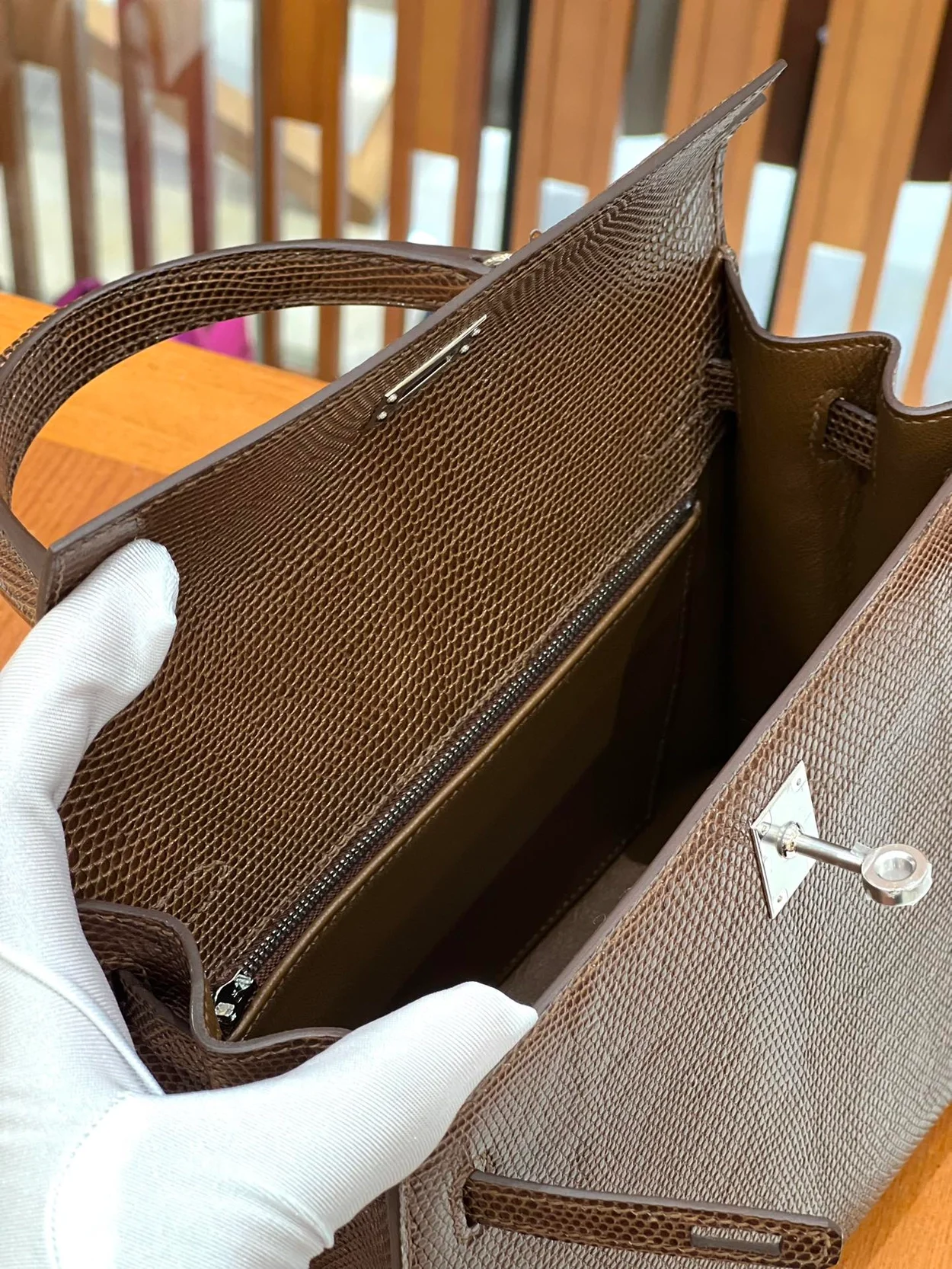 에르메스 켈리 25 셀리에 리자드 브라운 팔라듐 하드웨어 (100% HAND MADE)