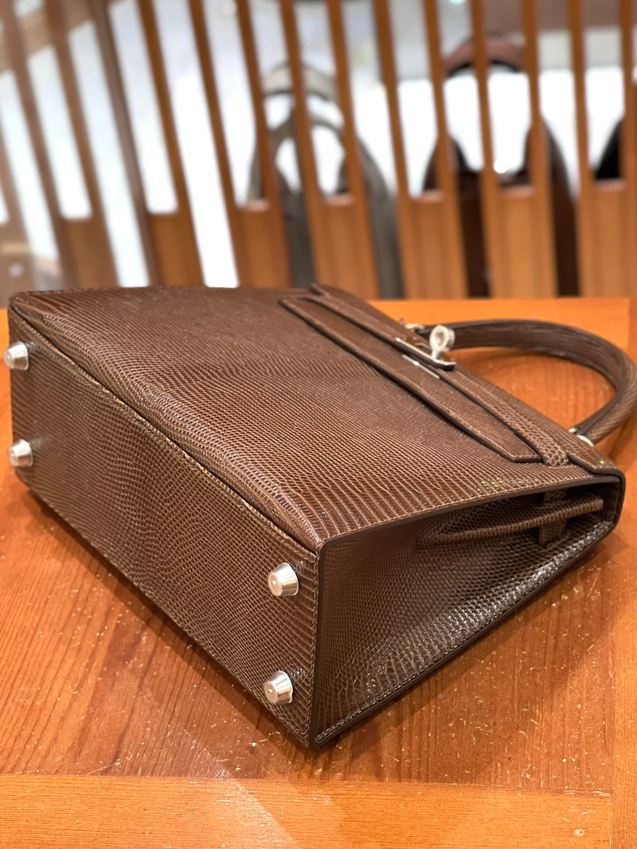 에르메스 켈리 25 셀리에 리자드 브라운 팔라듐 하드웨어 (100% HAND MADE)