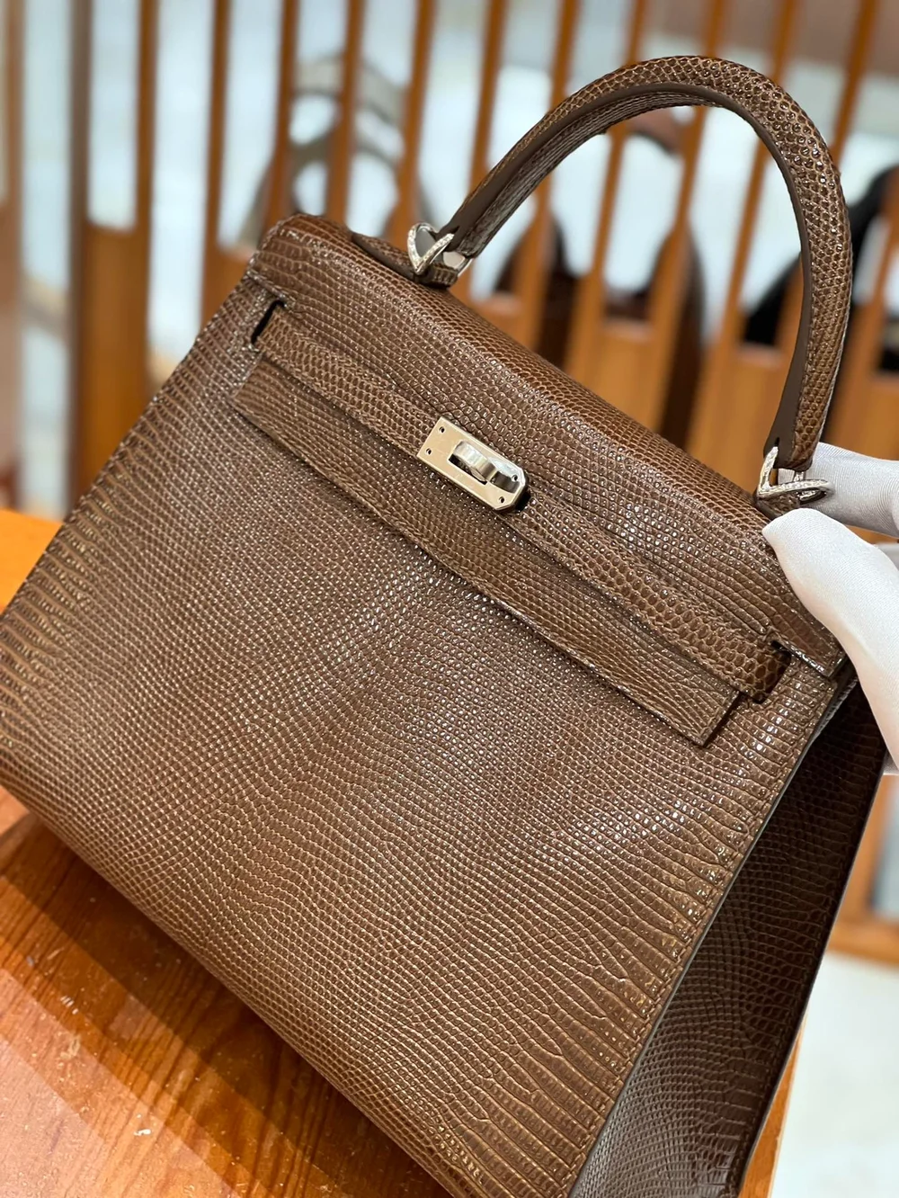 에르메스 켈리 25 셀리에 리자드 브라운 팔라듐 하드웨어 (100% HAND MADE)