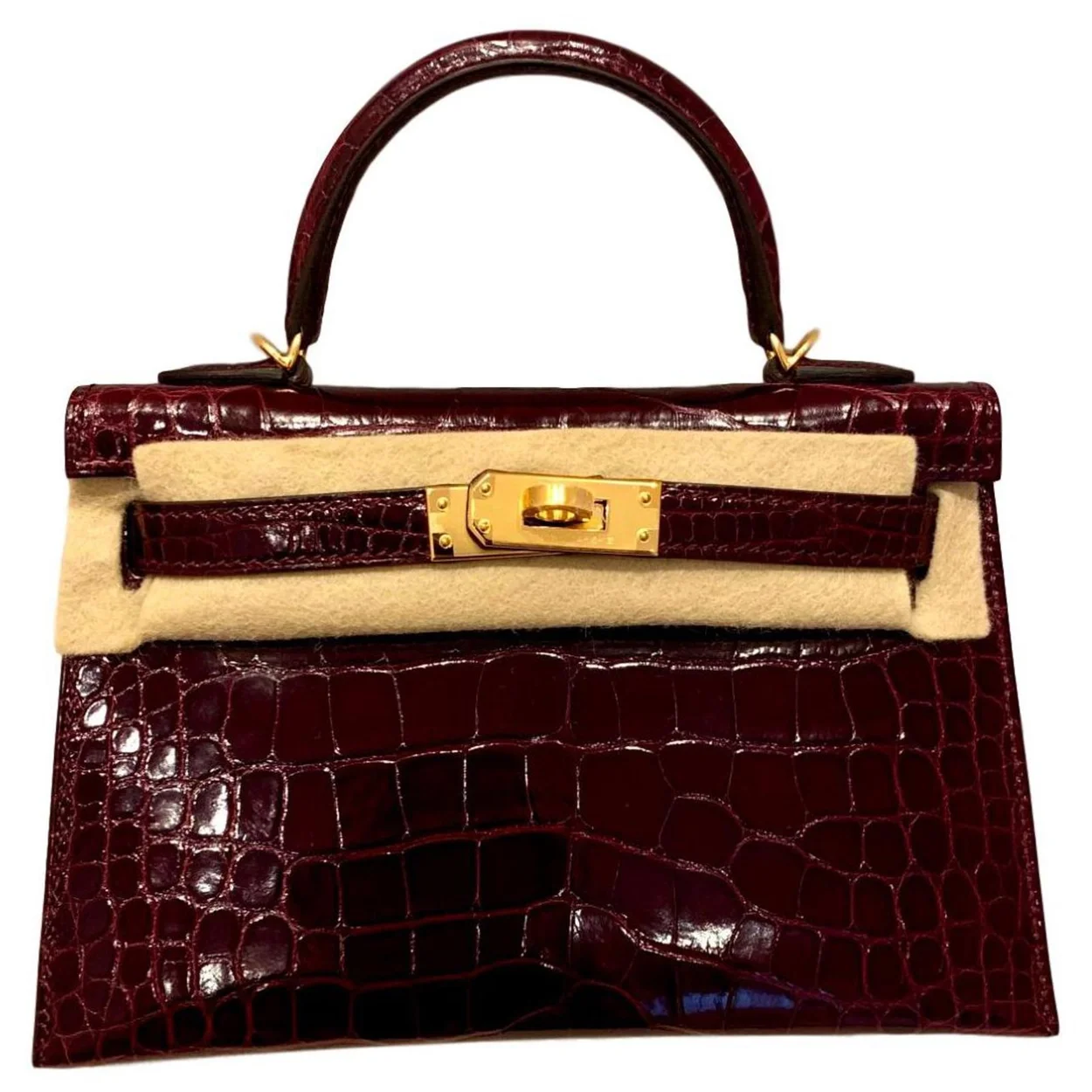 에르메스 미니 켈리 2 셀리에 엘리게이터 보르도 골드 하드웨어 (100% HAND MADE)