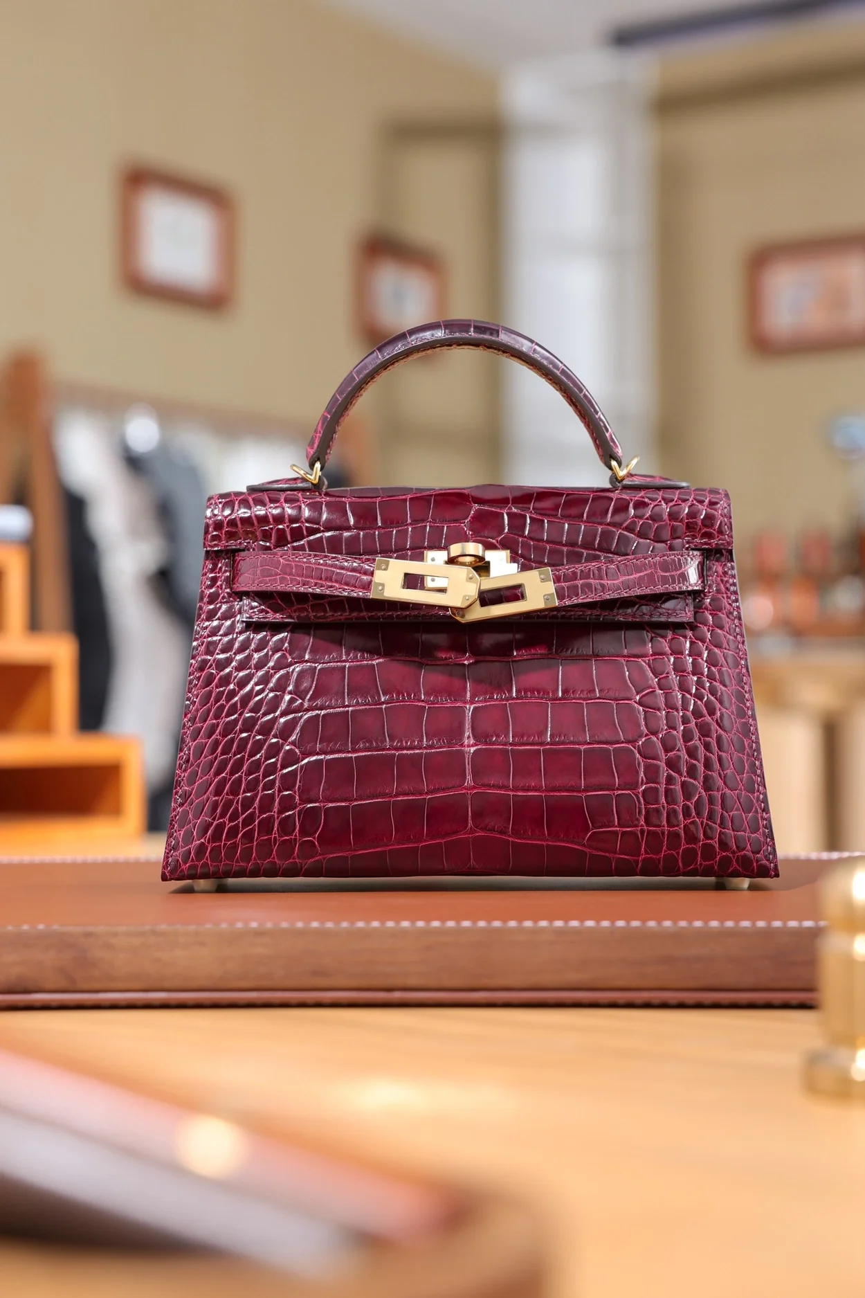 에르메스 미니 켈리 2 셀리에 엘리게이터 보르도 골드 하드웨어 (100% HAND MADE)