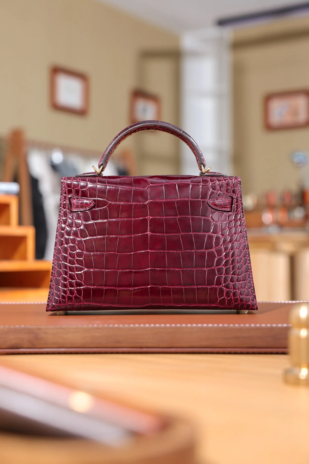 에르메스 미니 켈리 2 셀리에 엘리게이터 보르도 골드 하드웨어 (100% HAND MADE)