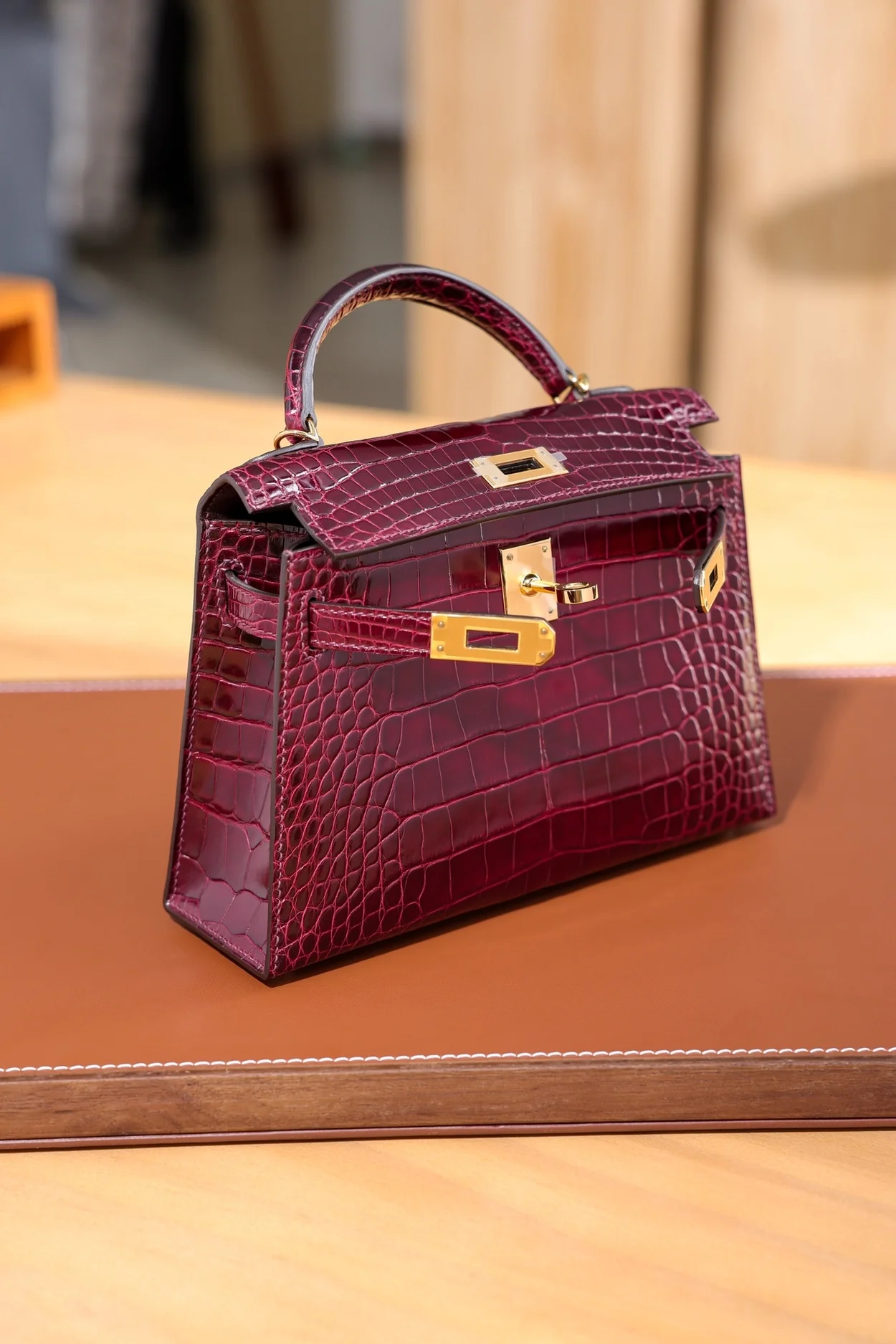 에르메스 미니 켈리 2 셀리에 엘리게이터 보르도 골드 하드웨어 (100% HAND MADE)