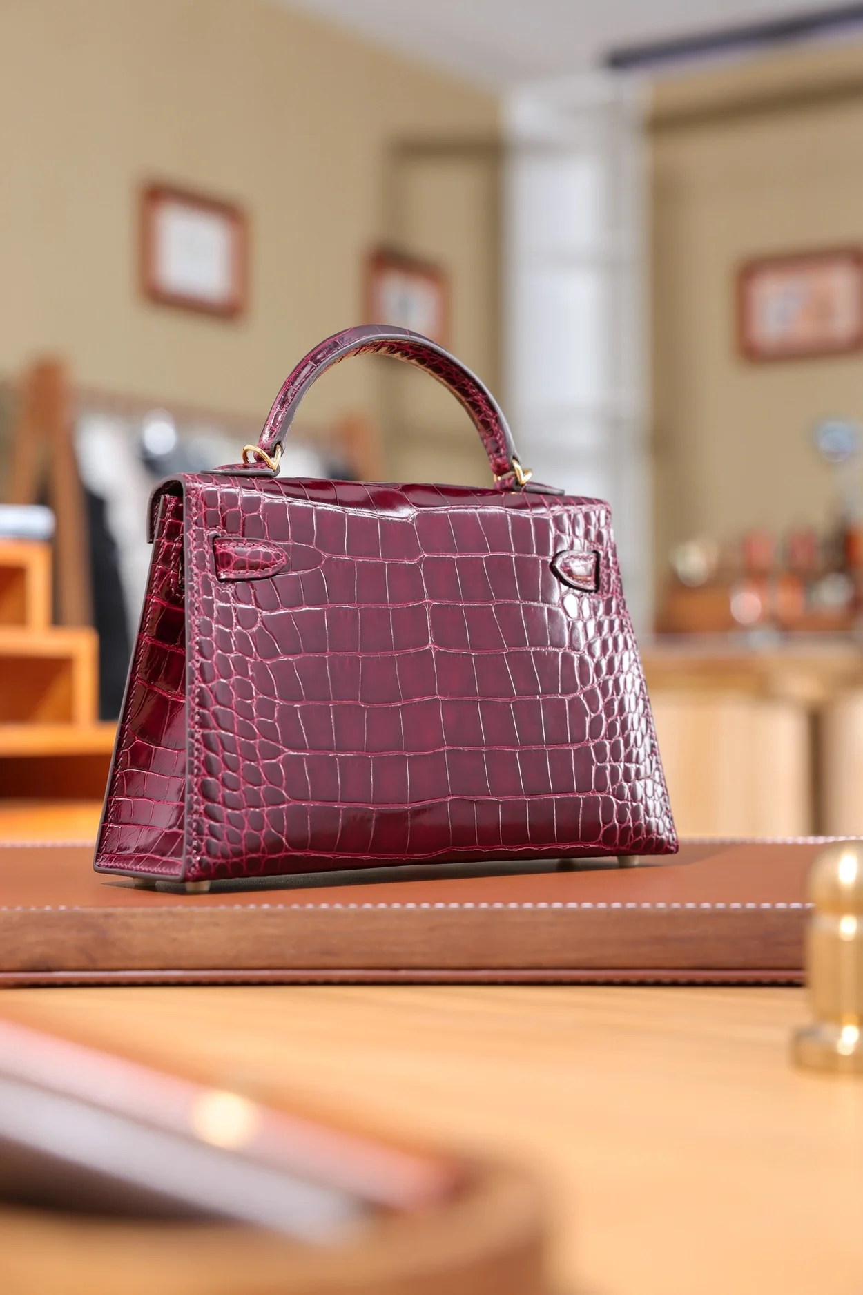 에르메스 미니 켈리 2 셀리에 엘리게이터 보르도 골드 하드웨어 (100% HAND MADE)