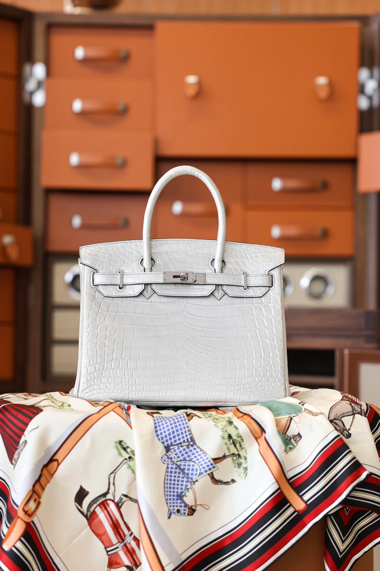 에르메스 버킨 30 르투르네 크로커다일 화이트 팔라듐 하드웨어 (100% HAND MADE)
