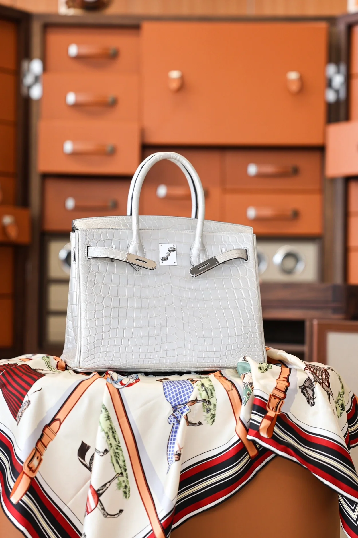에르메스 버킨 30 르투르네 크로커다일 화이트 팔라듐 하드웨어 (100% HAND MADE)