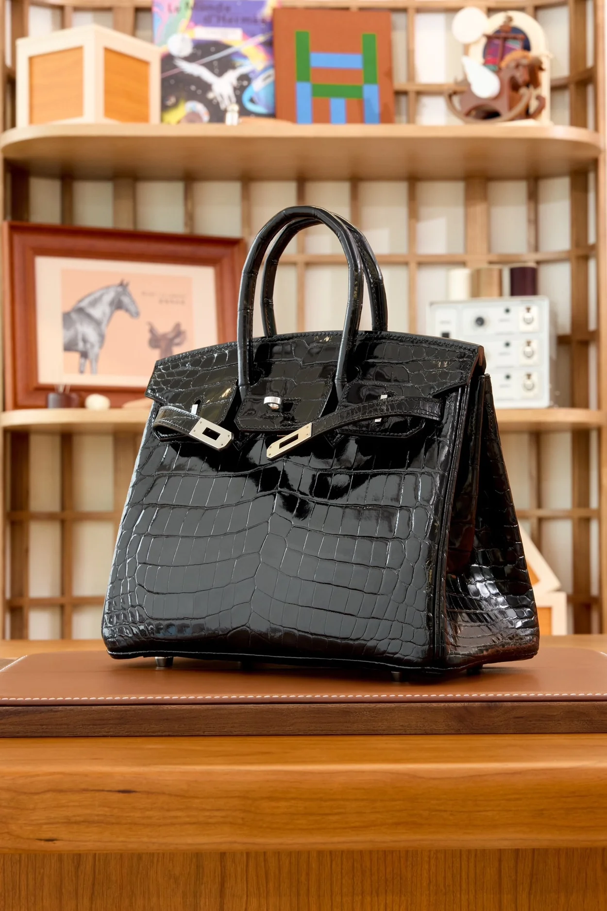 에르메스 버킨 25 르투르네 크로커다일 유광 블랙 실버 하드웨어 (100% HAND MADE)