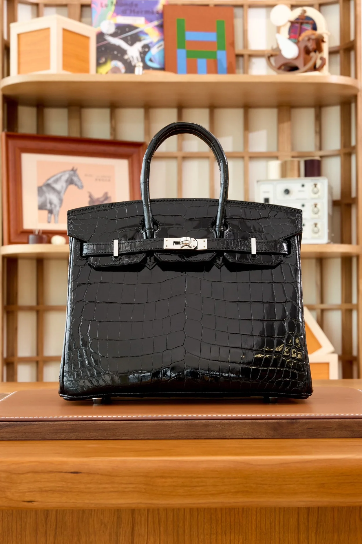 에르메스 버킨 25 르투르네 크로커다일 유광 블랙 실버 하드웨어 (100% HAND MADE)