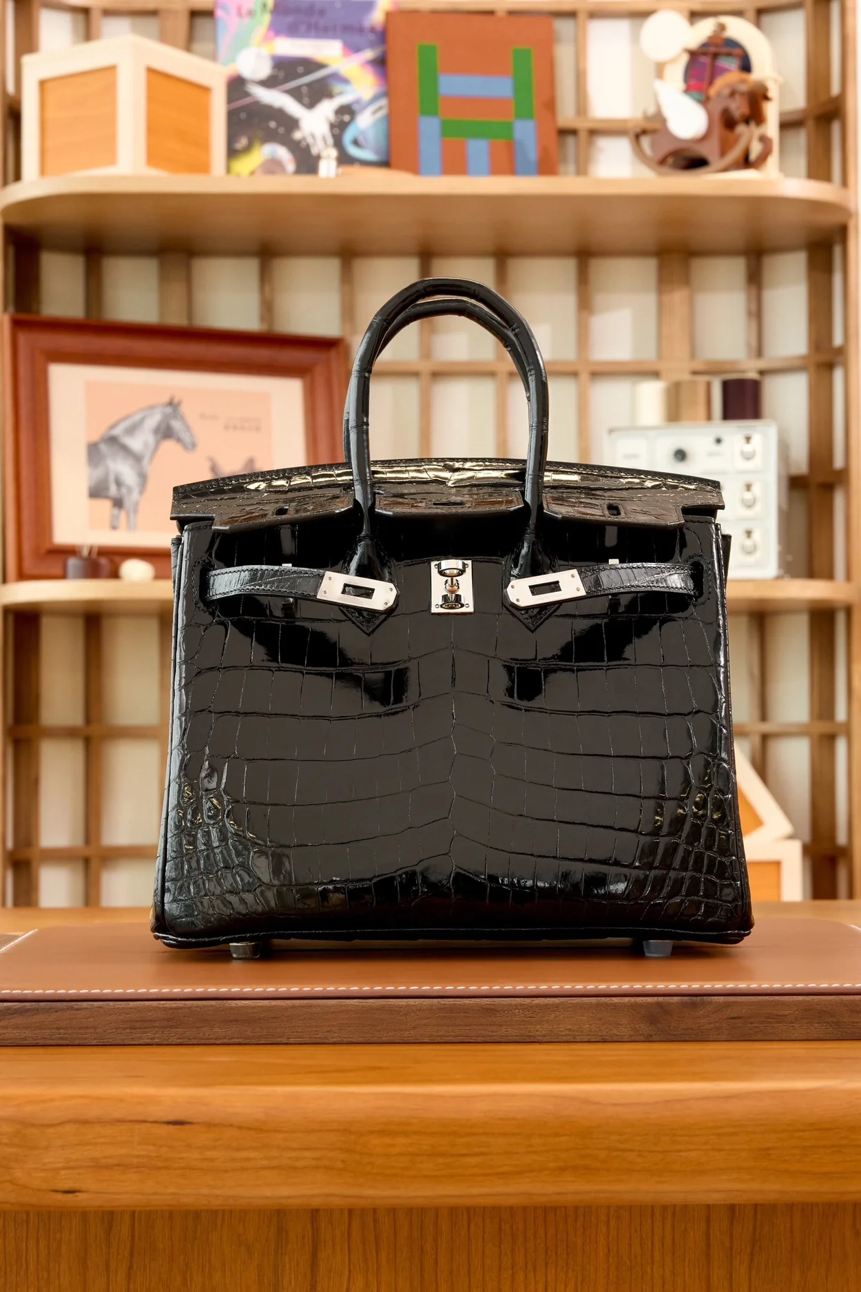 에르메스 버킨 25 르투르네 크로커다일 유광 블랙 실버 하드웨어 (100% HAND MADE)