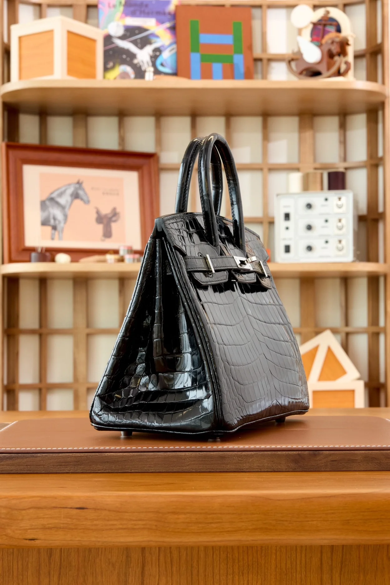 에르메스 버킨 25 르투르네 크로커다일 유광 블랙 실버 하드웨어 (100% HAND MADE)