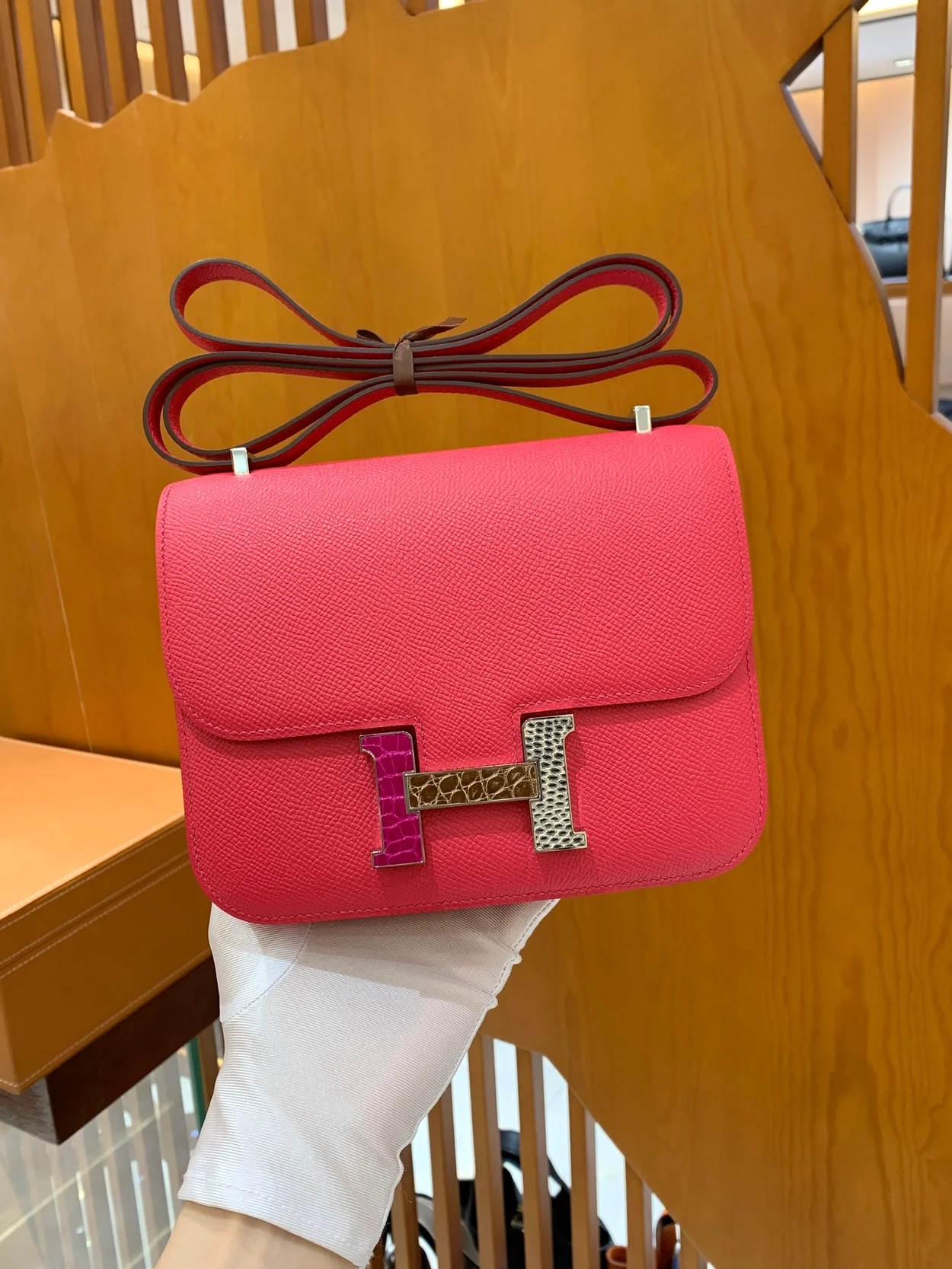 에르메스 콘스탄스 18 핑크 앱송 에나멜 인레이 버클 팔라듐 하드웨어 (100% HAND MADE)