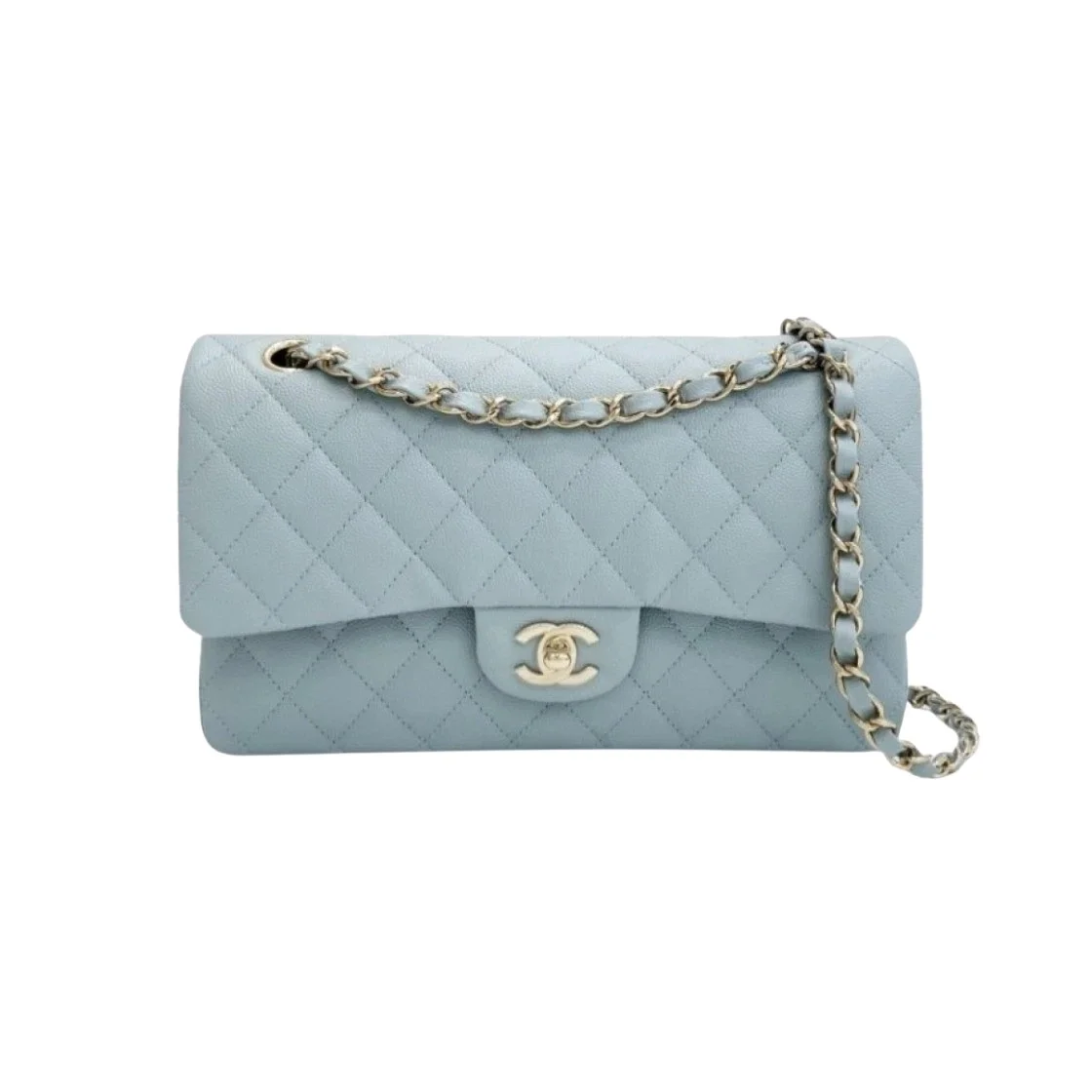 샤넬 클래식 미디엄 라이트 블루 금장 카프스킨