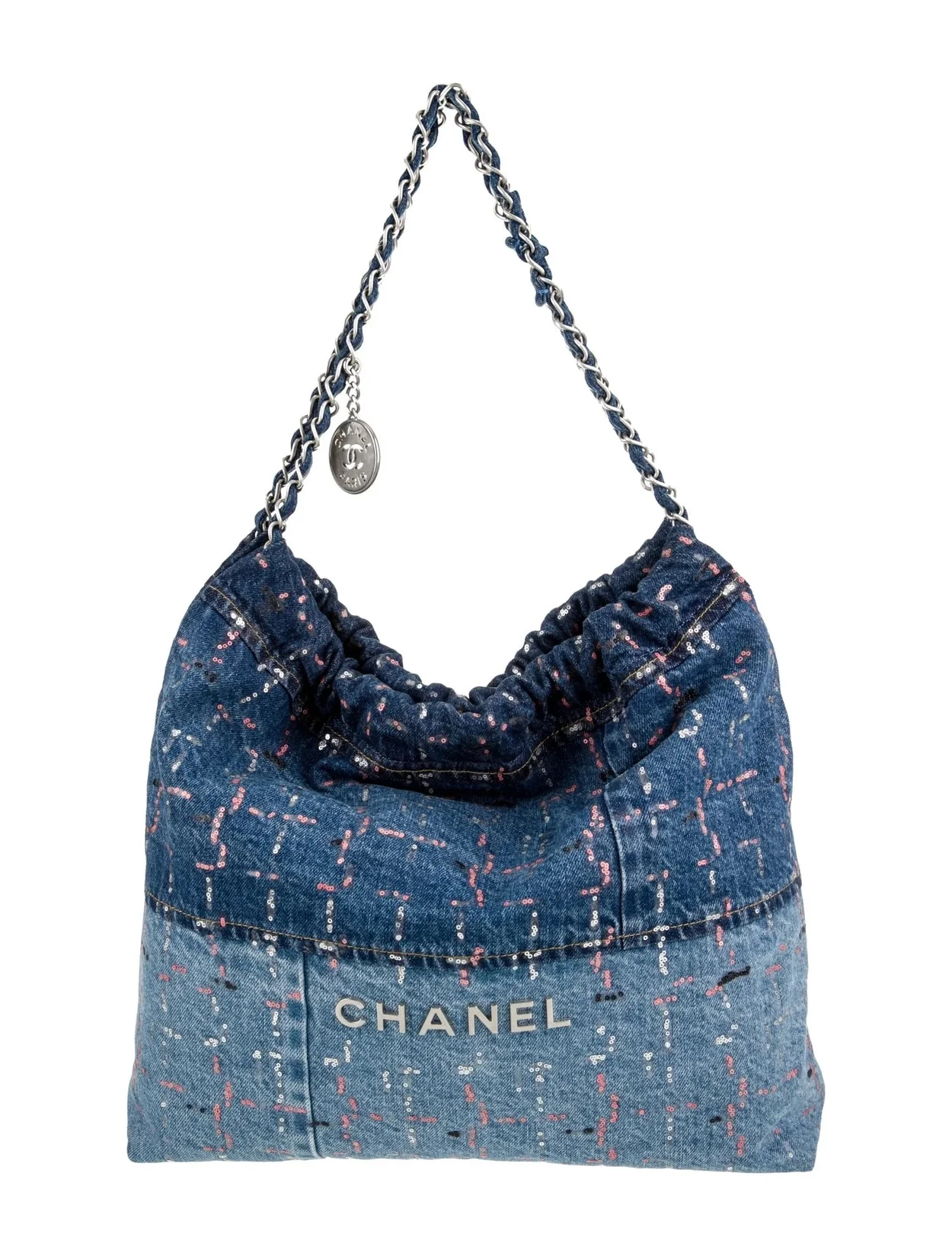 샤넬 22백 미디엄 시퀸 데님 은장