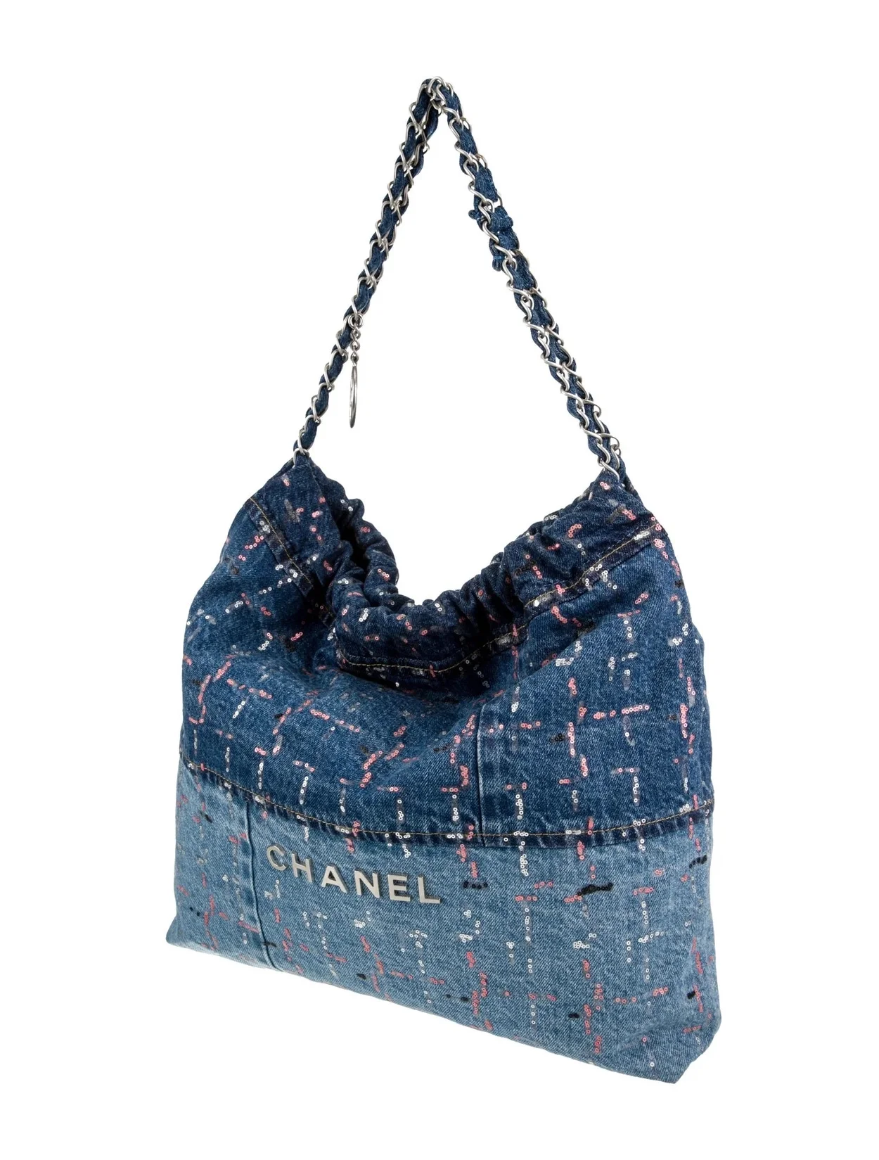 샤넬 22백 미디엄 시퀸 데님 은장