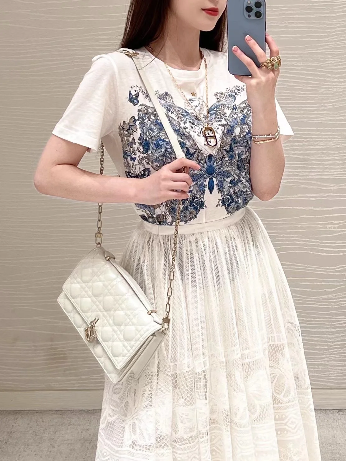 디올 파스텔 미드나잇 블루 버터플라이 티셔츠