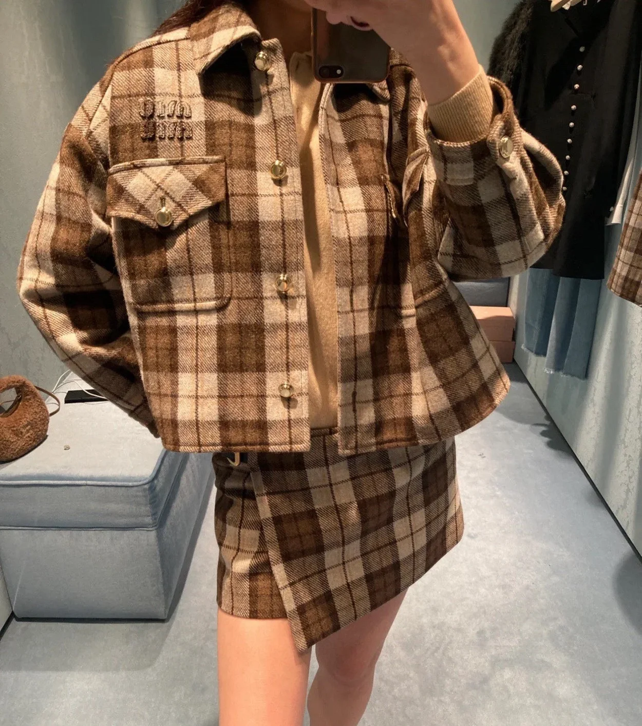 미우미우 체크 블루종 재킷