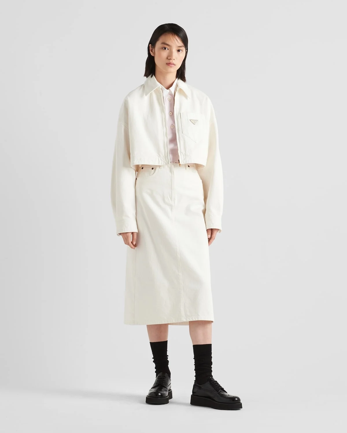 프라다 데님 블루종 재킷 화이트