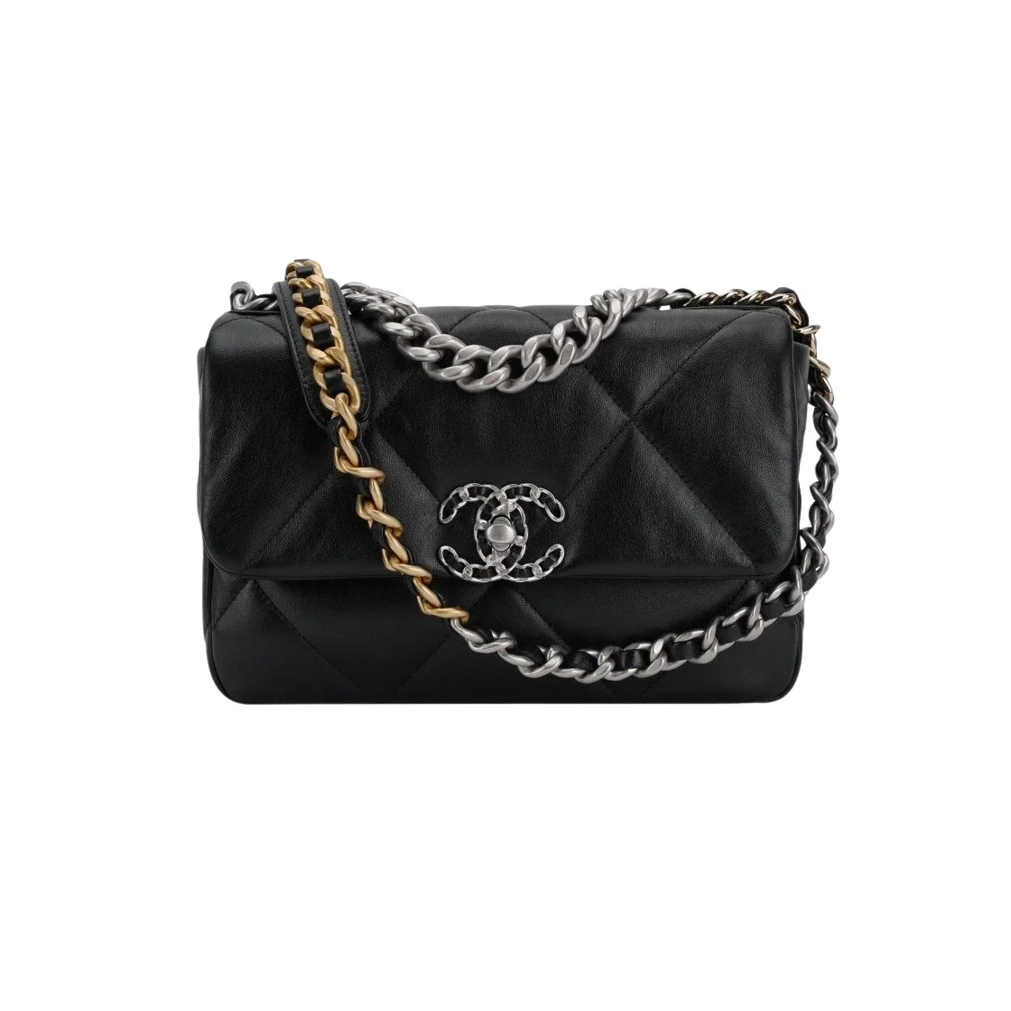 샤넬 19백 미디엄(스몰) 실버 체인 램스킨 블랙