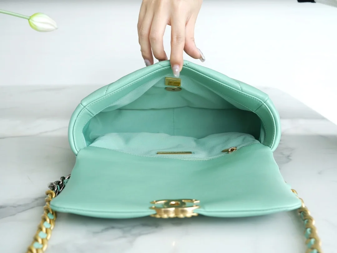 샤넬 19백 미디엄(스몰) 골드 체인 램스킨 민트