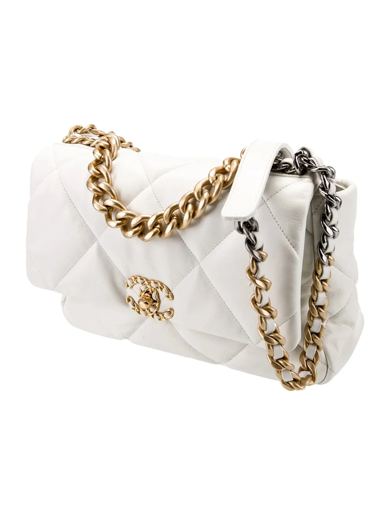 샤넬 19백 라지 골드 체인 램스킨 화이트