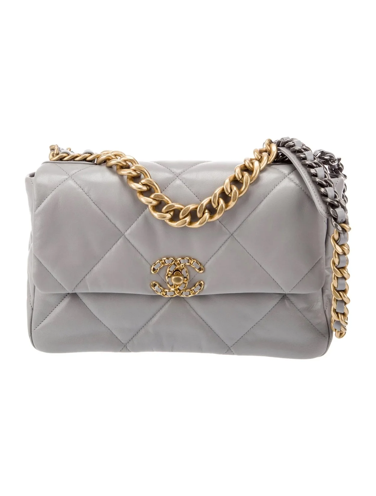 샤넬 19백 라지 골드 체인 램스킨 그레이