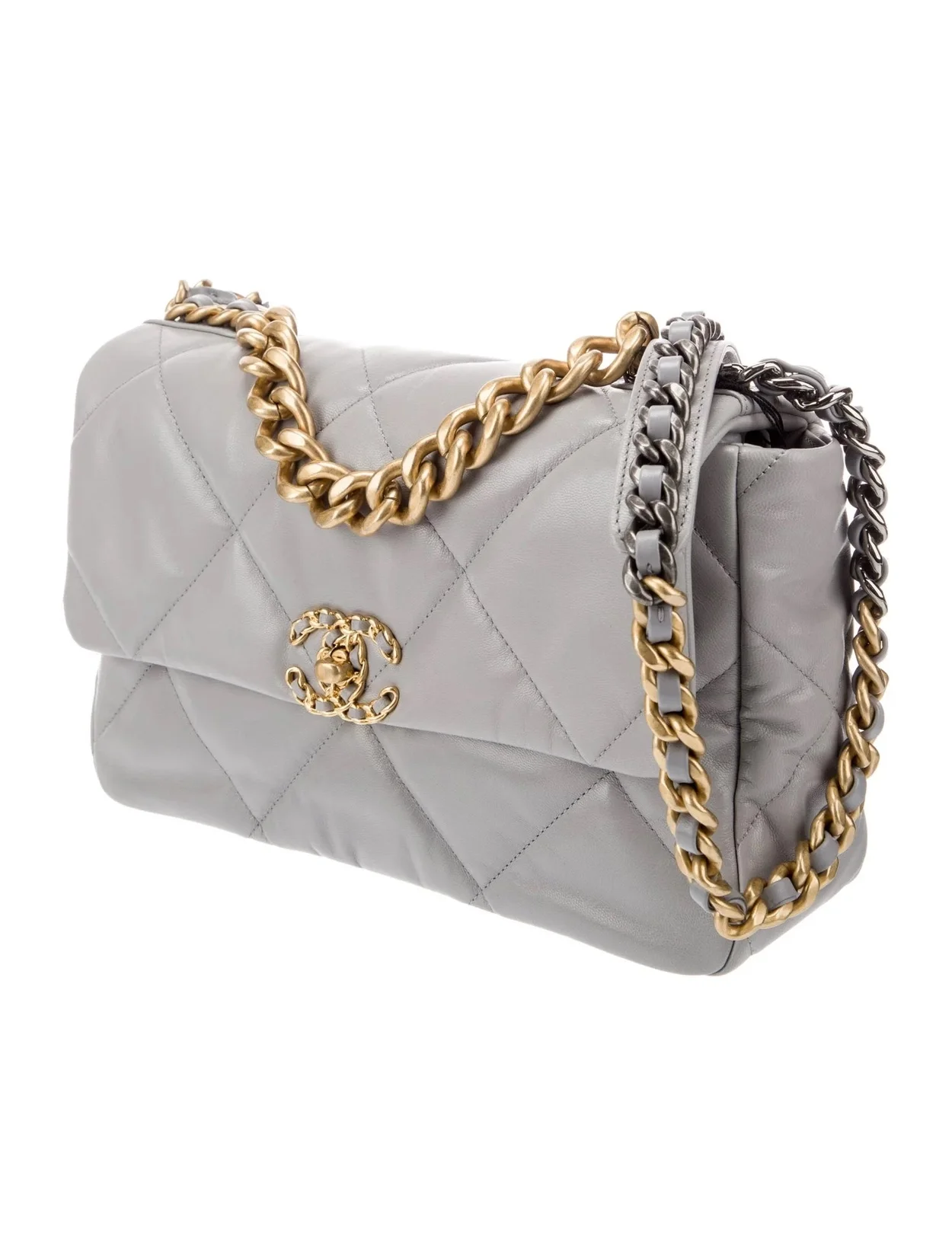 샤넬 19백 라지 골드 체인 램스킨 그레이