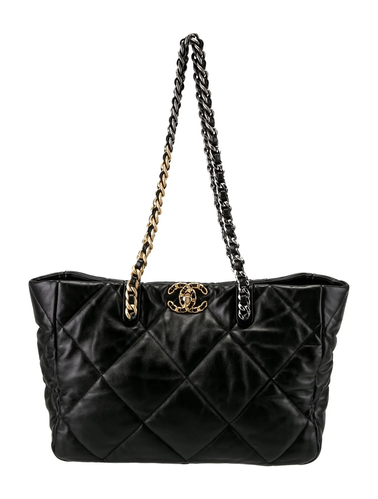 샤넬 19백 램스킨 East/West 쇼핑 토트 블랙