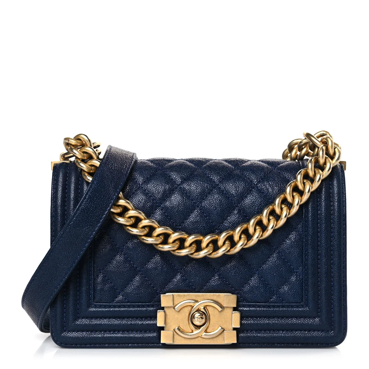 샤넬 보이백 스몰 다크 블루 금장 캐비어