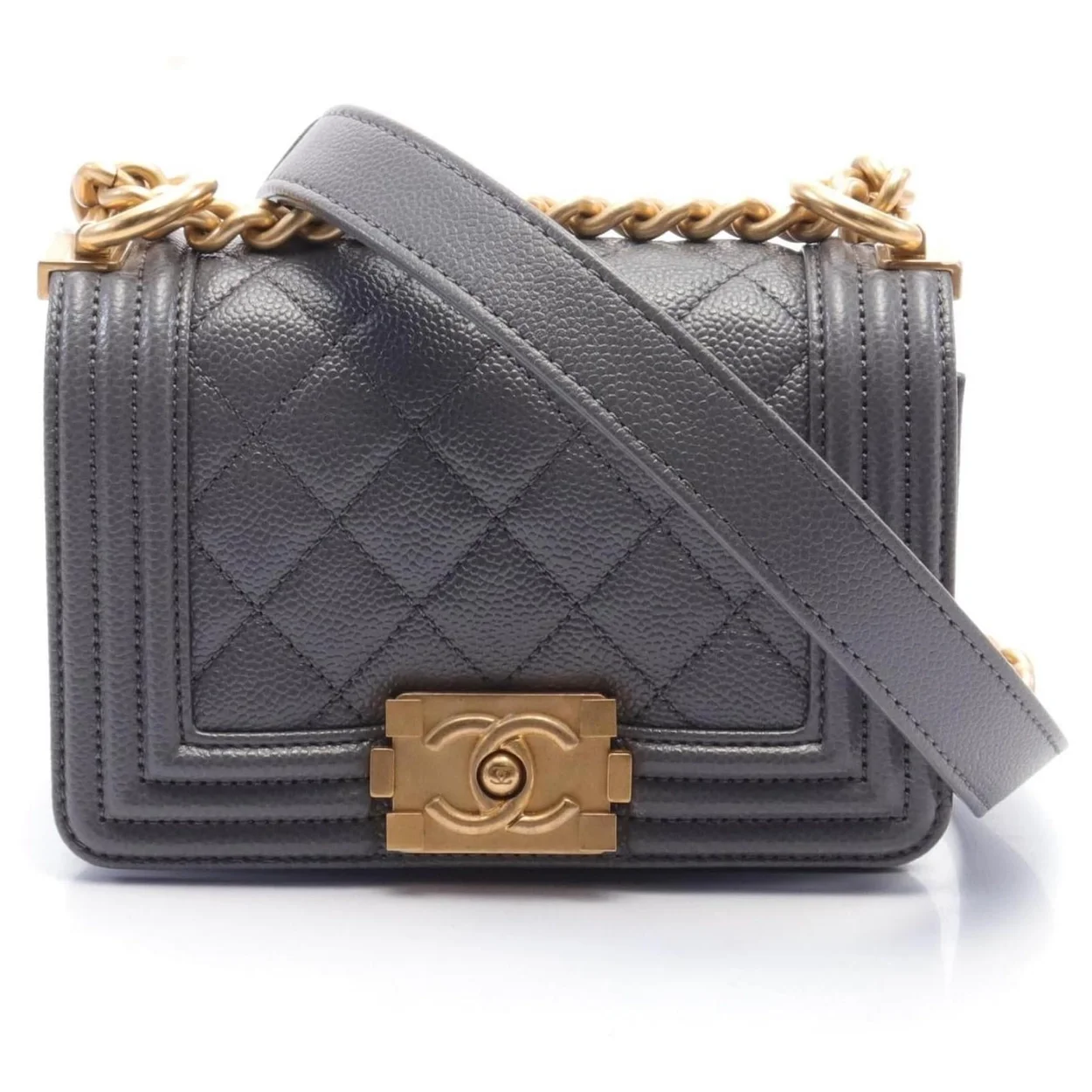 샤넬 보이백 미니 다크 그레이 금장 캐비어
