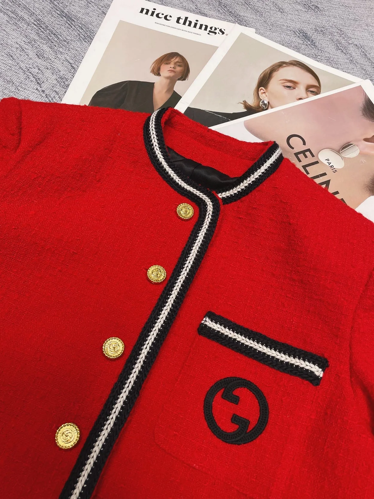 구찌 베스테 트위드 아베크 디테일 GG 가디건