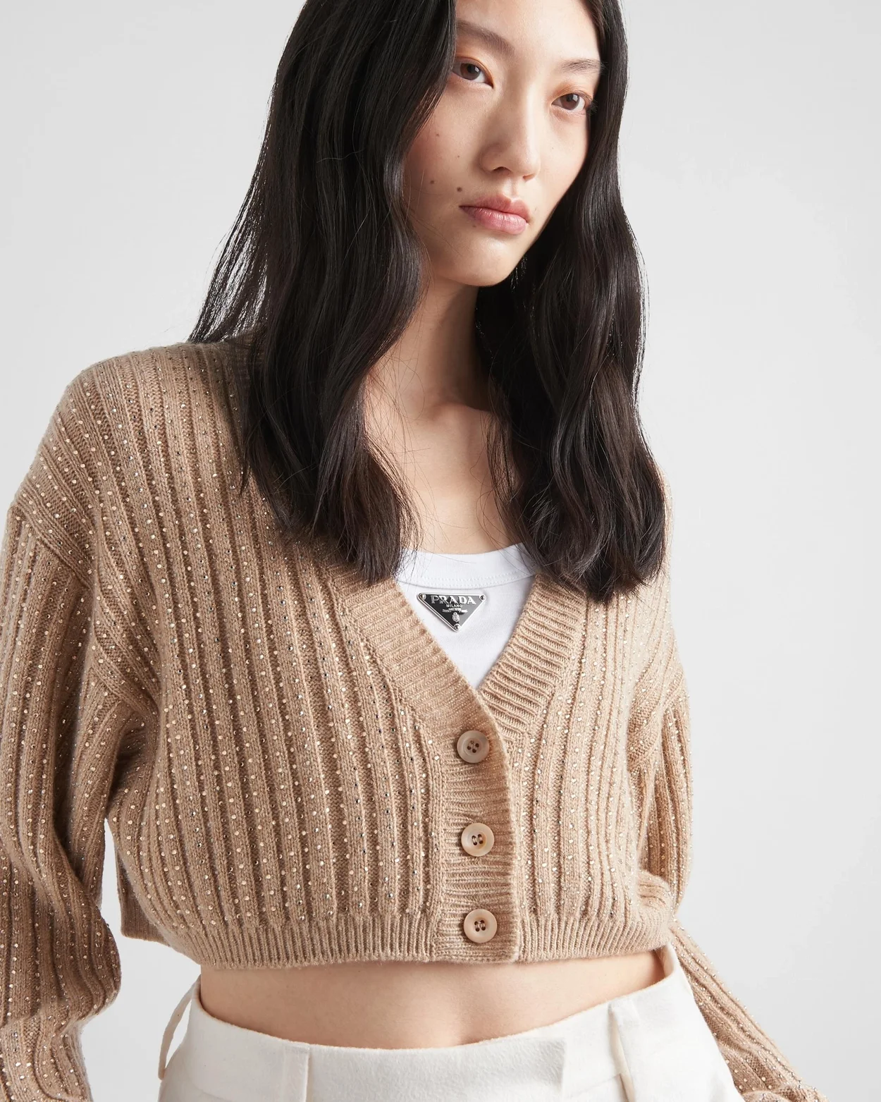 프라다 캐시미어 라인스톤 가디건