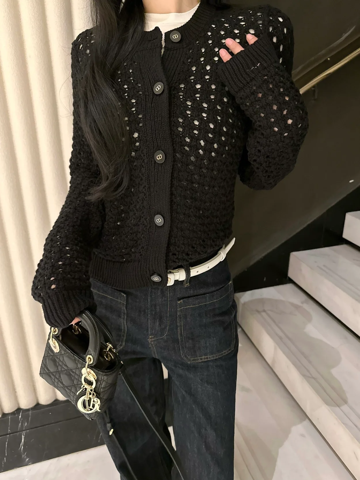 디올 블랙 알파카 오픈워크 니트 가디건