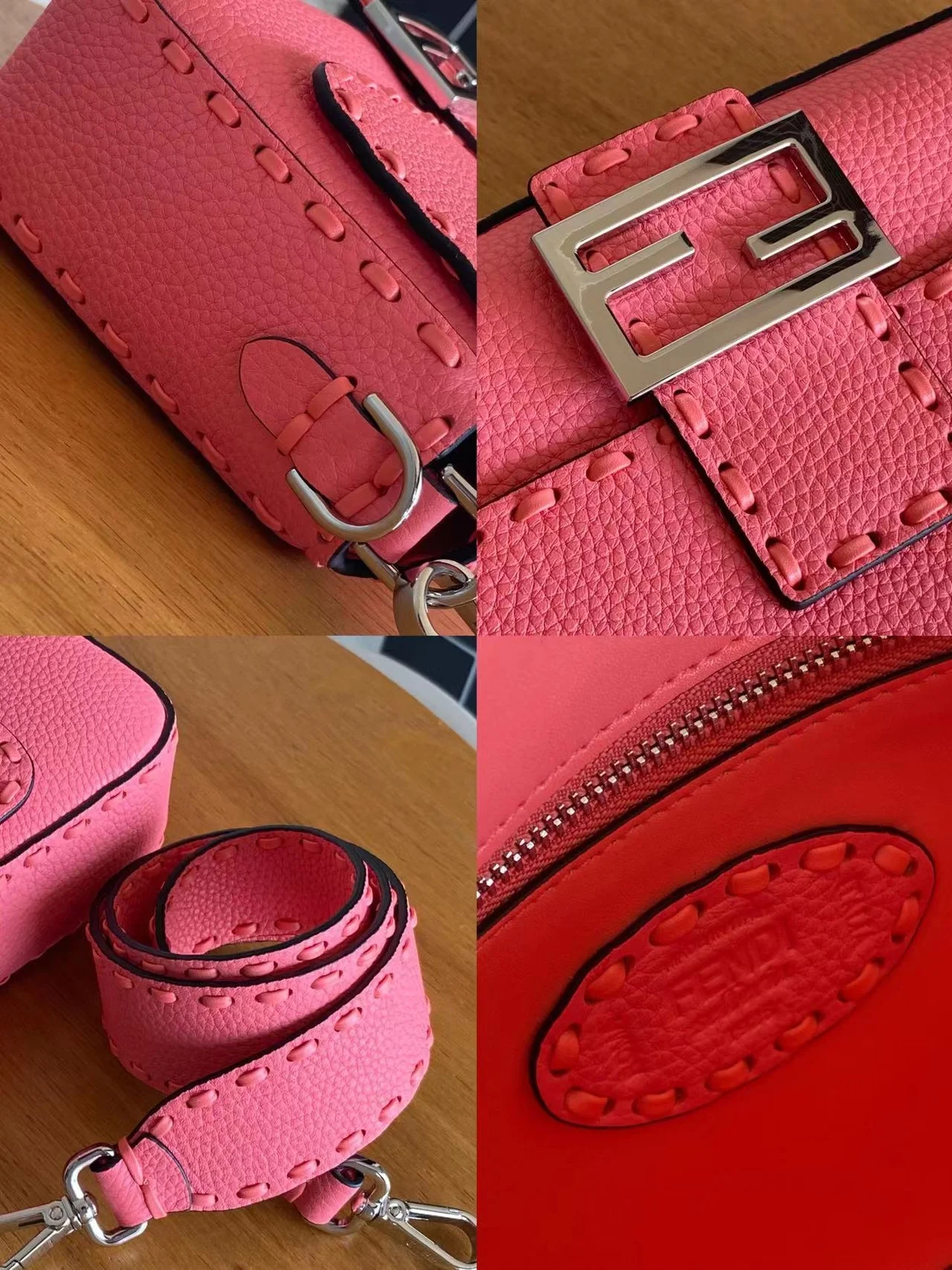 펜디 미니 바게트 FF 모티프 레더백 핑크