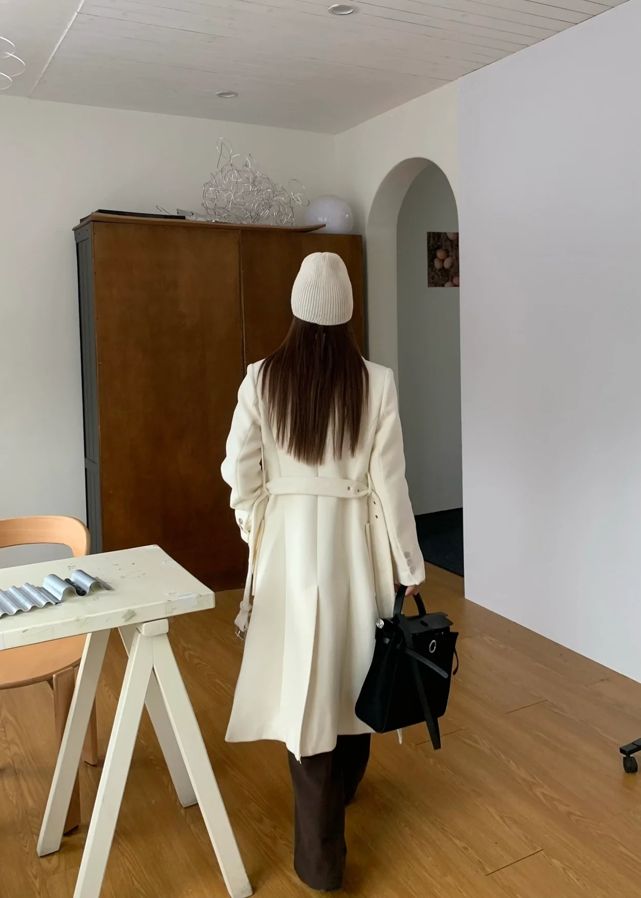 디올 울 캐시미어 벨트 화이트 코트