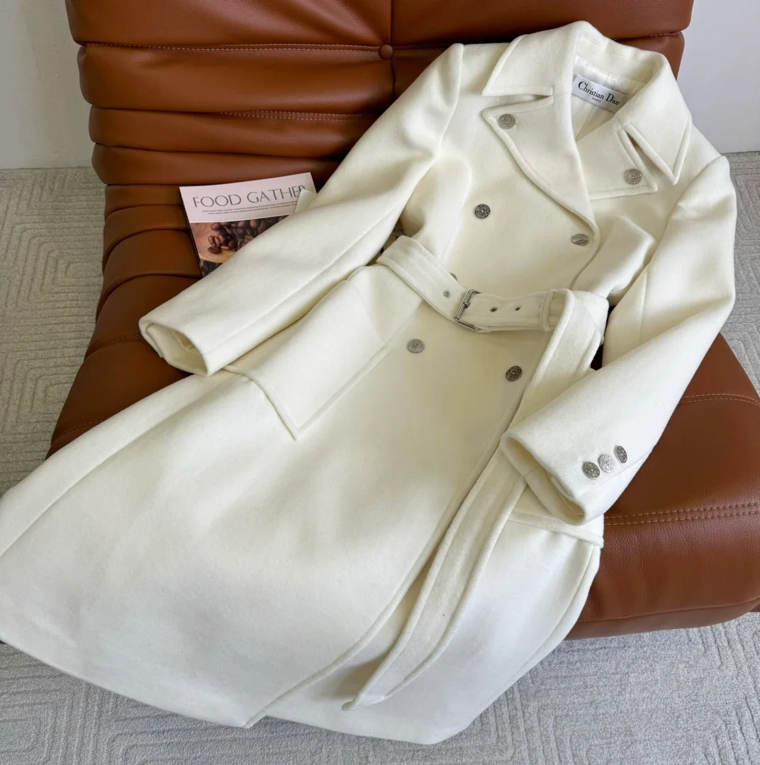 디올 울 캐시미어 벨트 화이트 코트