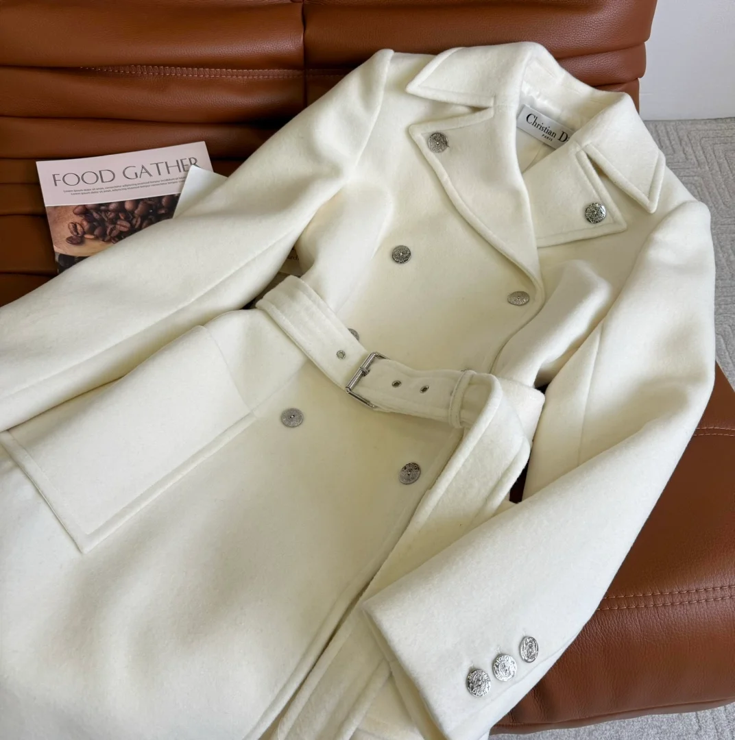 디올 울 캐시미어 벨트 화이트 코트