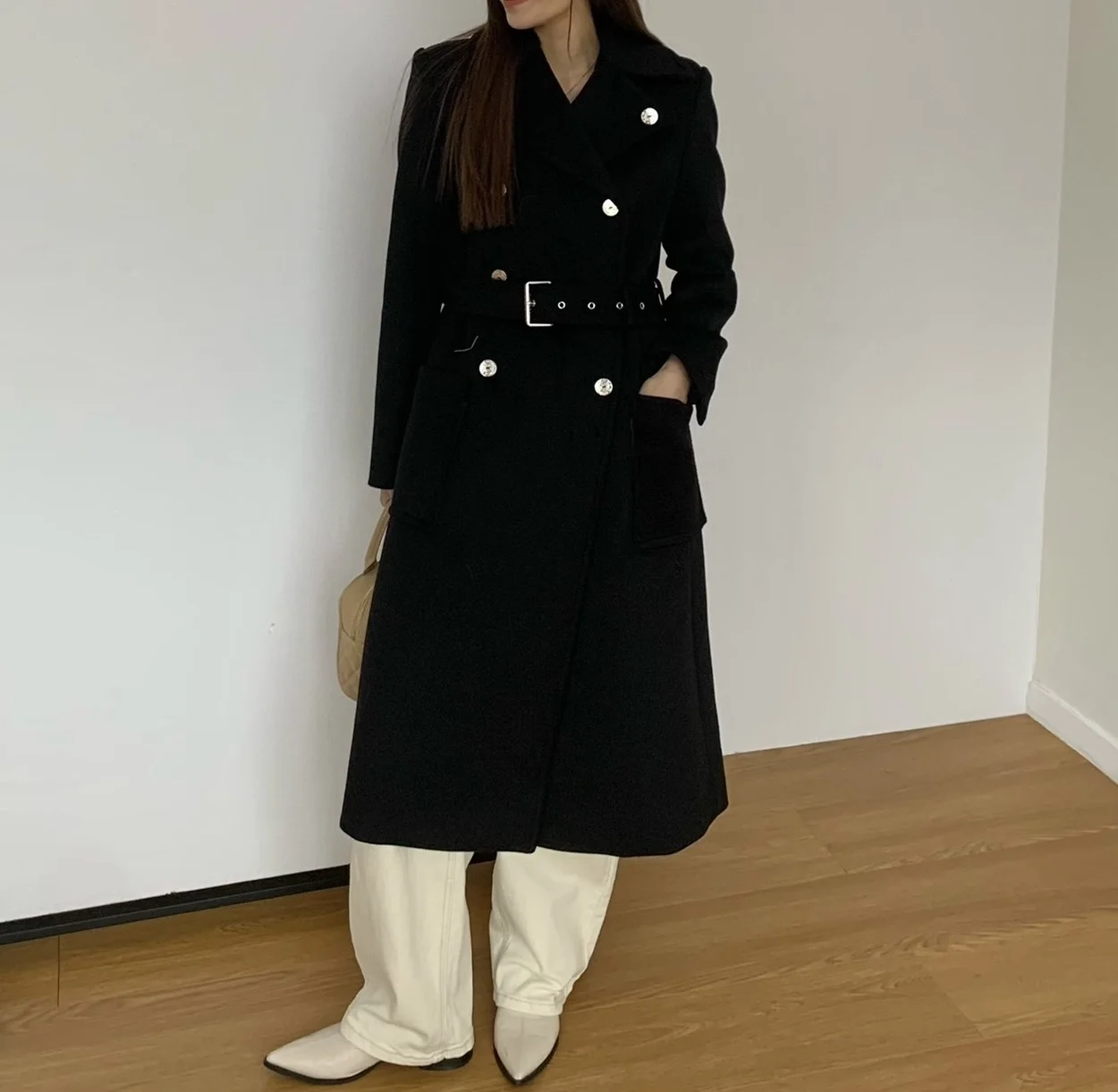 디올 울 캐시미어 벨트 블랙 코트