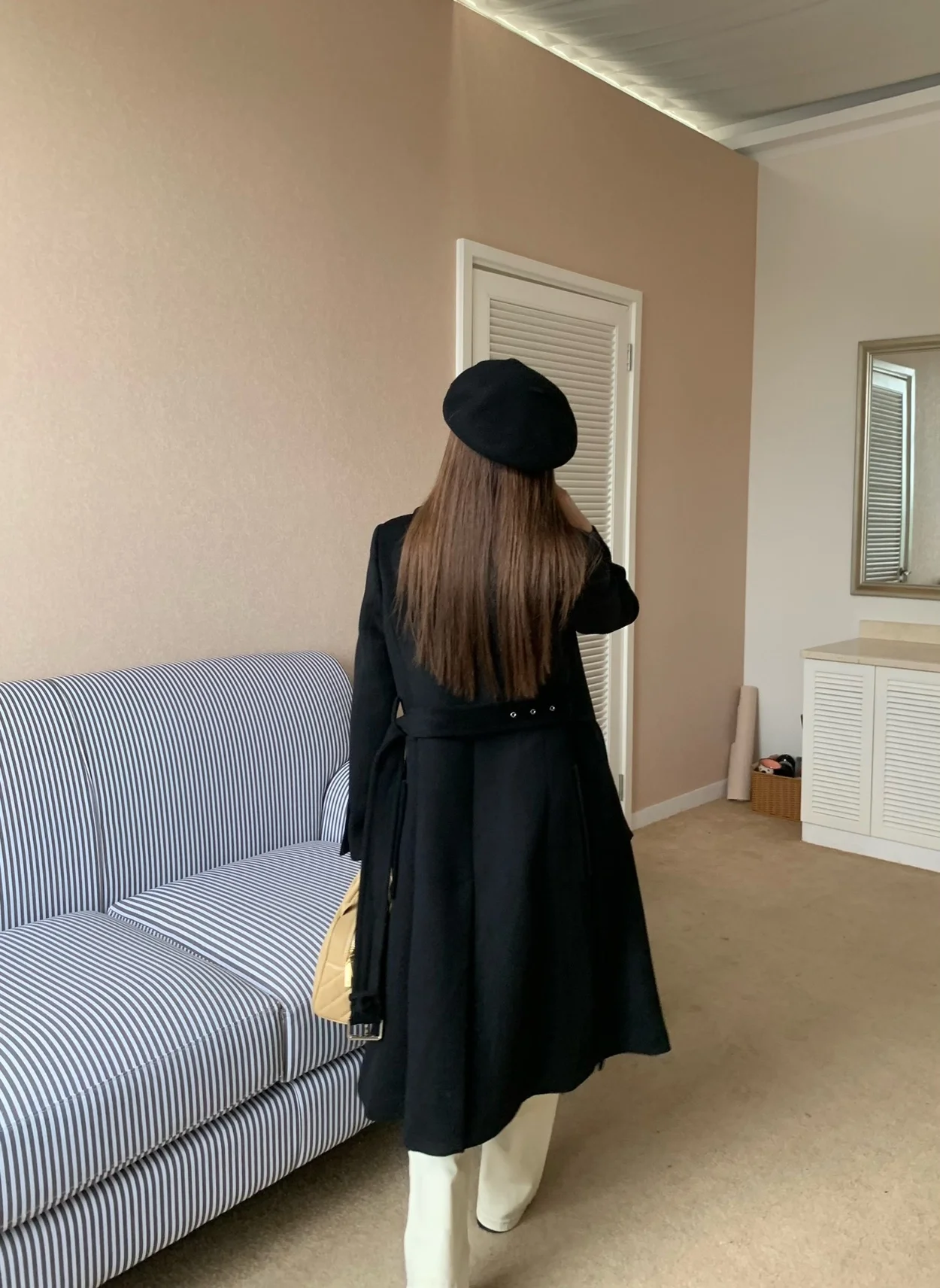 디올 울 캐시미어 벨트 블랙 코트