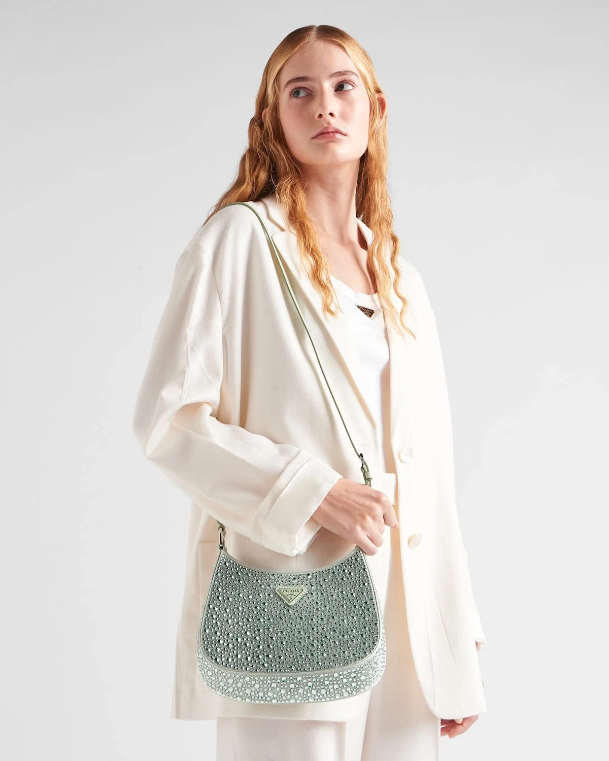 프라다 클레오 크리스탈 새틴 숄더백 아쿠아