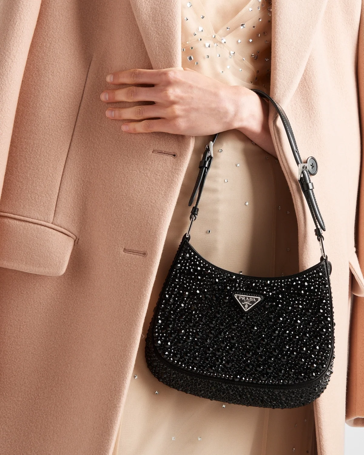 프라다 클레오 크리스탈 새틴 숄더백 블랙