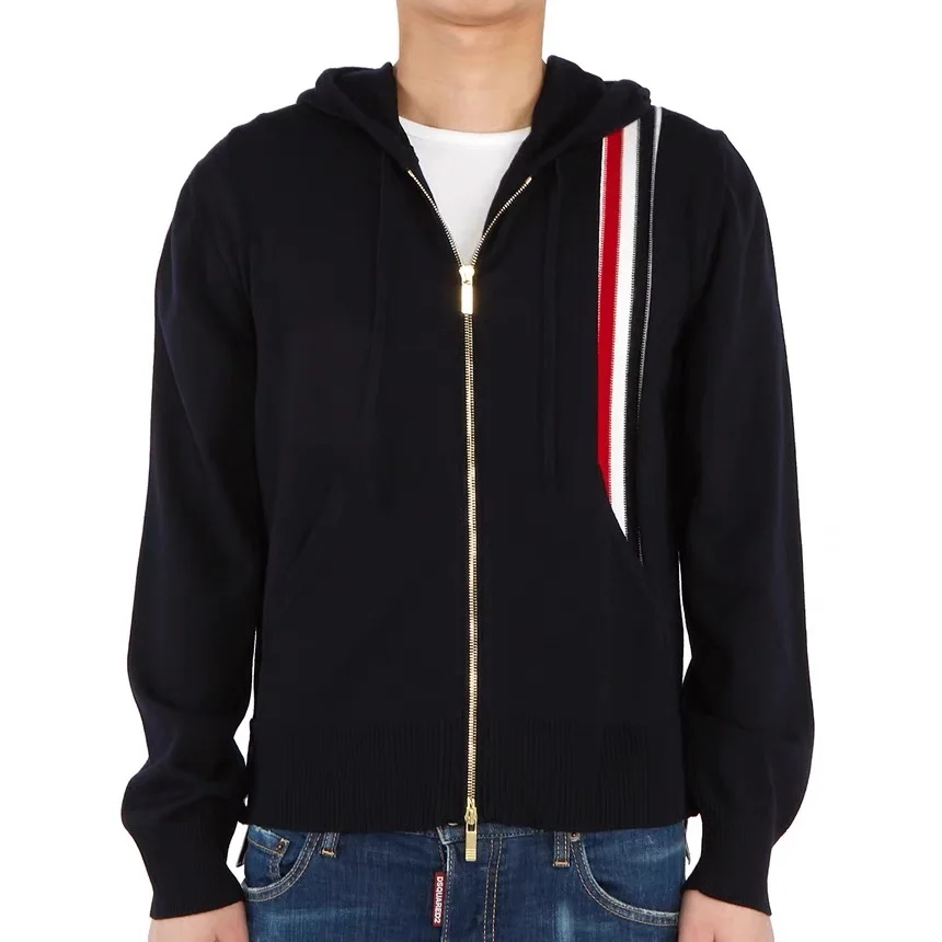 톰브라운 스트라이프 메리노 울 후드 딥블루