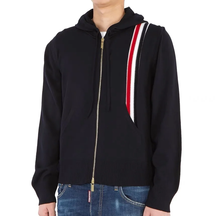 톰브라운 스트라이프 메리노 울 후드 딥블루