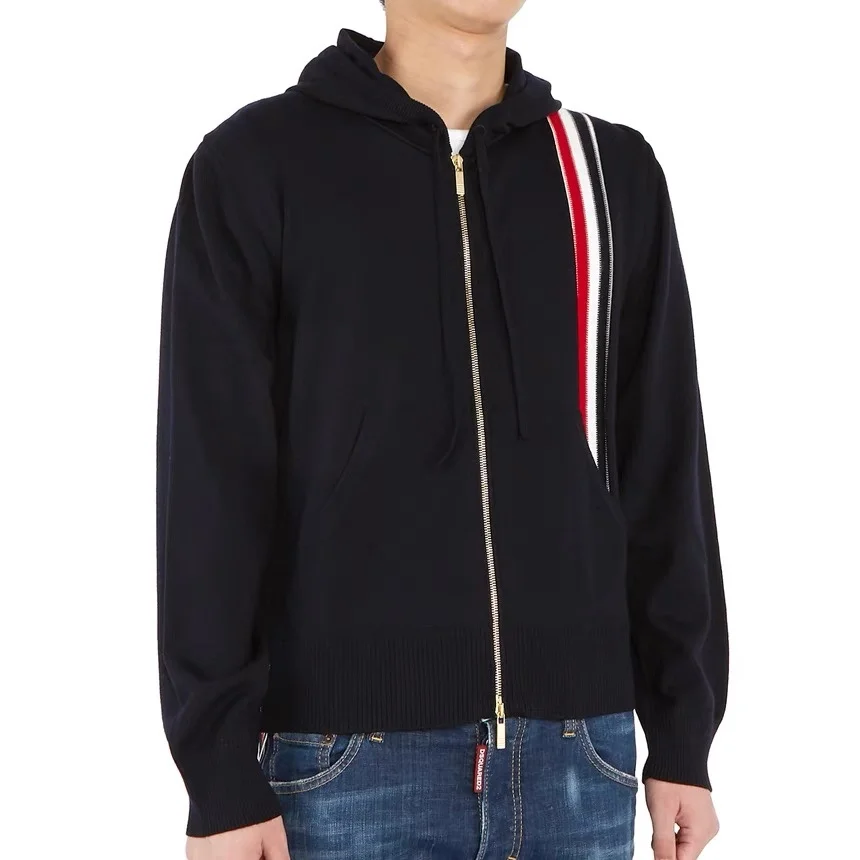 톰브라운 스트라이프 메리노 울 후드 딥블루