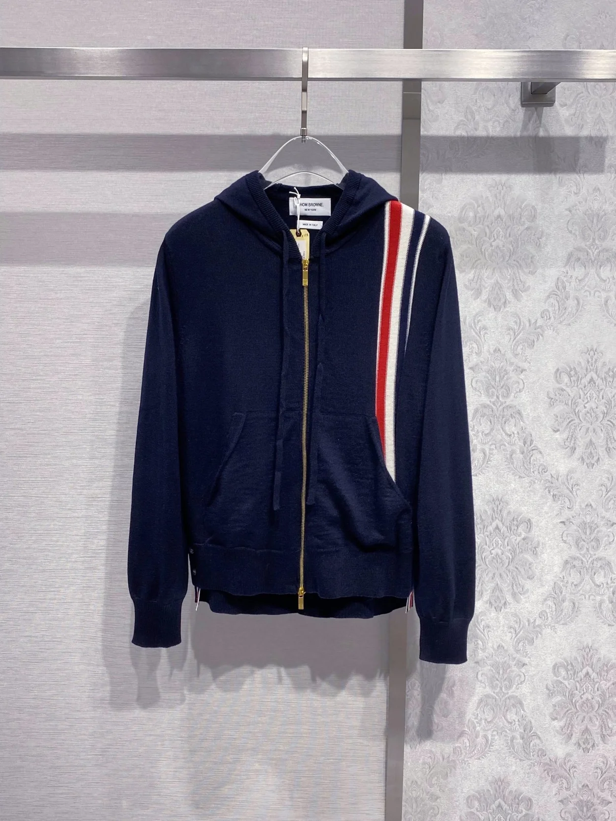 톰브라운 스트라이프 메리노 울 후드 딥블루