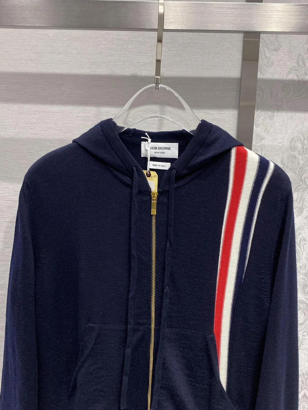 톰브라운 스트라이프 메리노 울 후드 딥블루