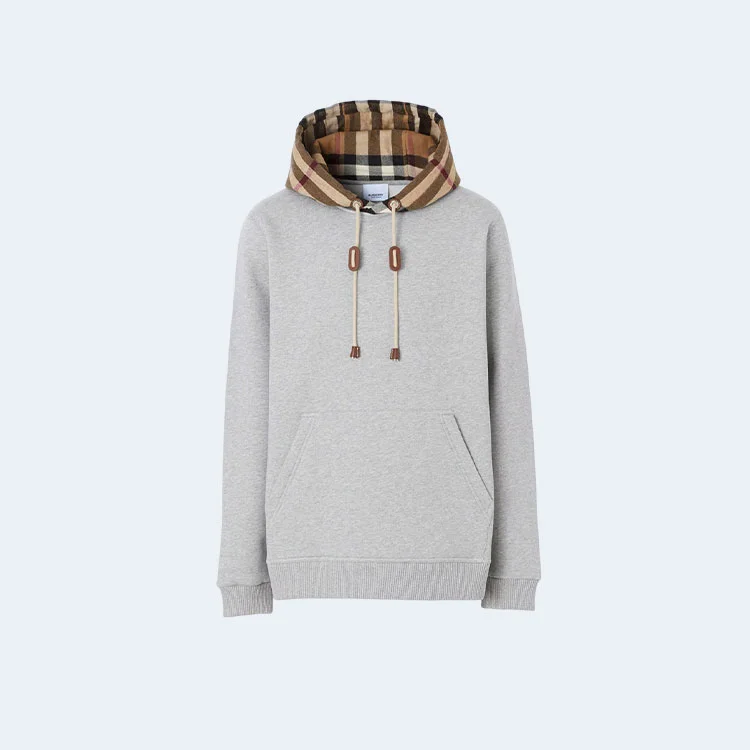 버버리 체크 기모 후드티 그레이