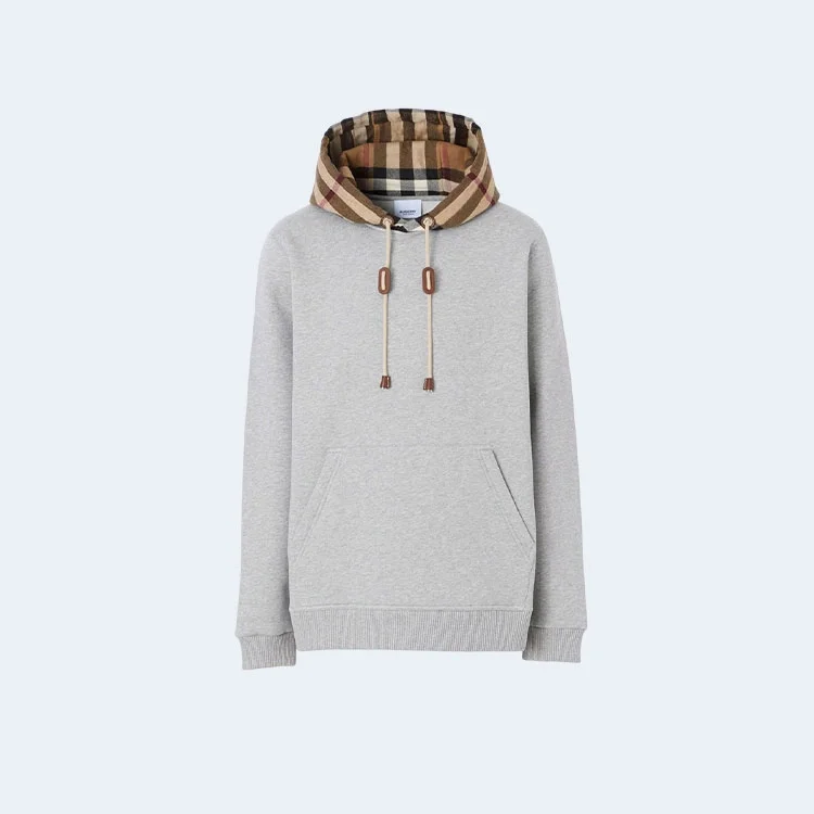버버리 체크 기모 후드티 그레이
