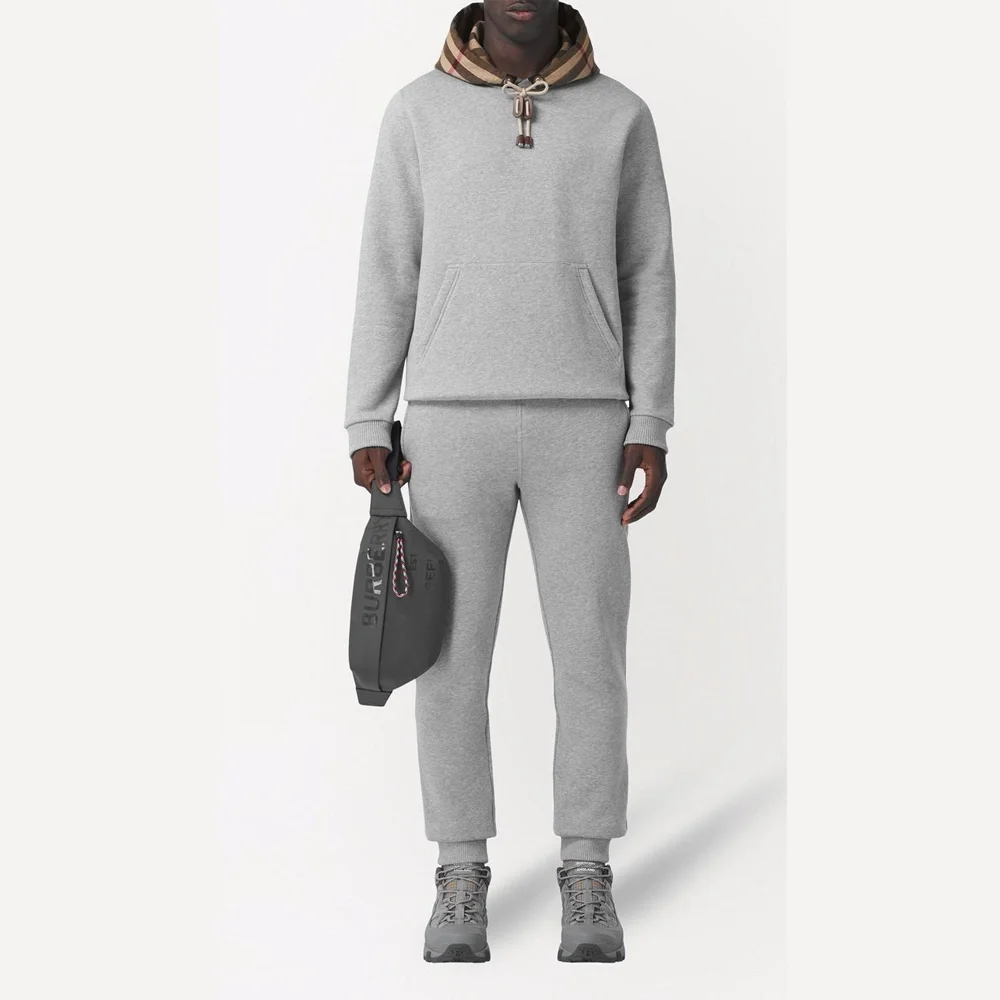 버버리 체크 기모 후드티 그레이